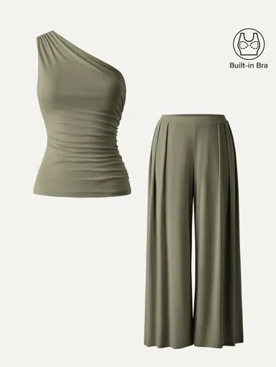 Oglmove 2pcs Set Regular Wide Leg Palazzo Pant With Pockets & Ruched Bra Tank In Olive