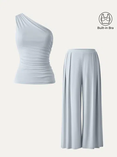 Oglmove 2pcs Set Regular Wide Leg Palazzo Pant With Pockets & Ruched Bra Tank In Smoke Blue