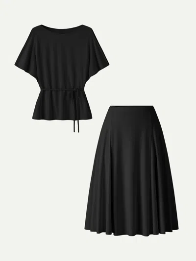 Oglmove 2pcs Set Relaxed Boatneck Top & Midi Skirt With Pockets In Black
