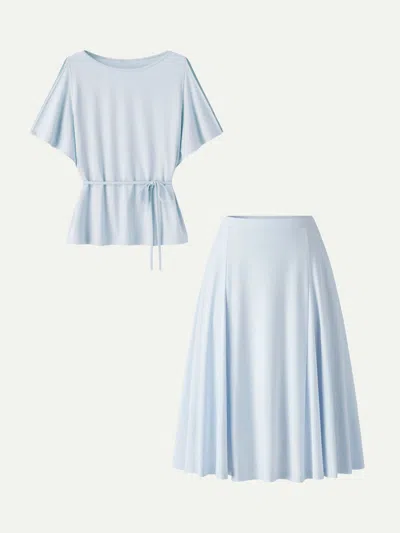 Oglmove 2pcs Set Relaxed Boatneck Top & Midi Skirt With Pockets In Blue