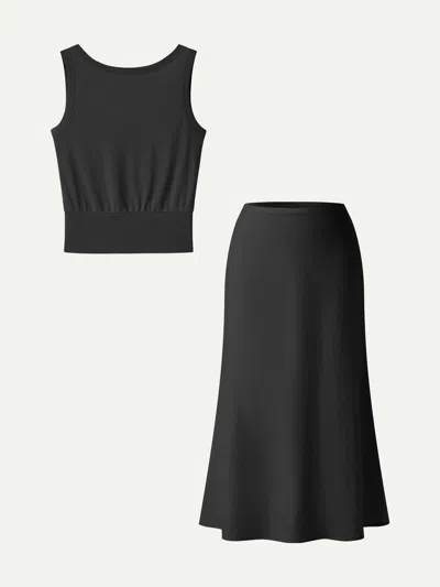 Oglmove 2pcs Set Reversible Boatneck Top & Maxi Flared Pull-on Skirt In Black
