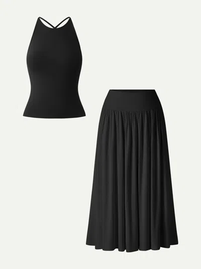Oglmove 2pcs Set Round Neck Cross-back Bra Top&midi Skirt With Pockets In Multi