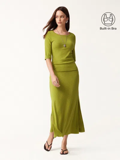 Oglmove 2pcs Set Round Neck Elbow Sleeve Bra Top & Side-slit A-line Midi Skirt In Citrus Green