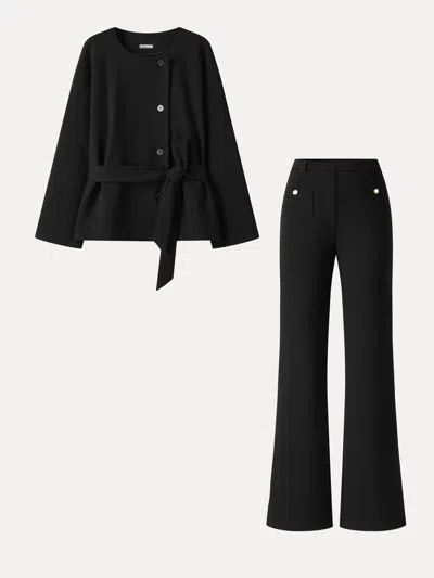 Oglmove 2pcs Set Round Neck Long Sleeve Belted Jacket With Pockets & Mid-rise Flared Pants With Pockets In Black
