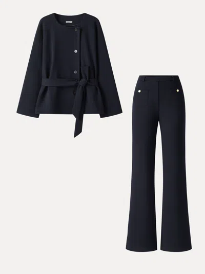 Oglmove 2pcs Set Round Neck Long Sleeve Belted Jacket With Pockets & Mid-rise Flared Pants With Pockets In Blue
