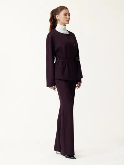 Oglmove 2pcs Set Round Neck Long Sleeve Belted Jacket With Pockets & Mid-rise Flared Pants With Pockets In Multi