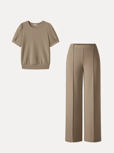 Oglmove 2pcs Set Round Neck Puffed Short Sleeve Top & Cropped Straight-leg Pants With Pockets In Dark Khaki Brown