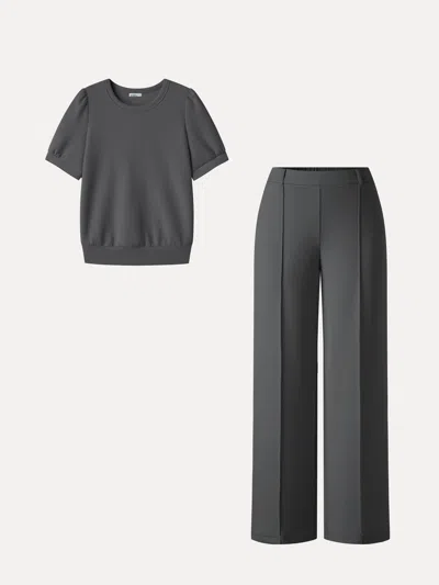 Oglmove 2pcs Set Round Neck Puffed Short Sleeve Top & Cropped Straight-leg Pants With Pockets In Night Charcoal