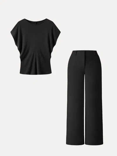 Oglmove 2pcs Set Round Neck Relaxed Top & Mid Rise Fly-front Wide Leg Trousers In Black