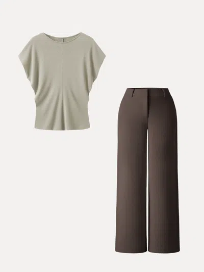 Oglmove 2pcs Set Round Neck Relaxed Top & Mid Rise Fly-front Wide Leg Trousers In Dark Alabaster/cedar Brown