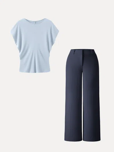 Oglmove 2pcs Set Round Neck Relaxed Top & Mid Rise Fly-front Wide Leg Trousers In Dew Sky/light Navy