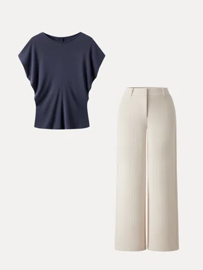 Oglmove 2pcs Set Round Neck Relaxed Top & Mid Rise Fly-front Wide Leg Trousers In Smoky Navy/morning Mist