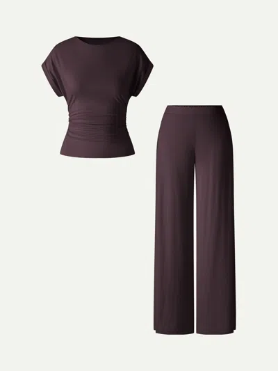 Oglmove 2pcs Set Round Neck Ruched Tee & Mid Rise Wide Leg Pants