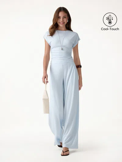 Oglmove 2pcs Set Round Neck Ruched Tee & Mid Rise Wide Leg Pants In Blue