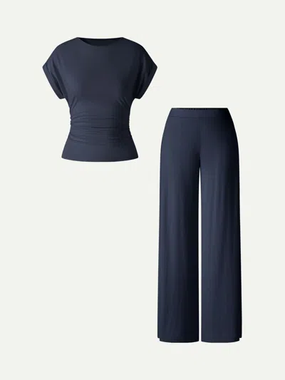 Oglmove 2pcs Set Round Neck Ruched Tee & Mid Rise Wide Leg Pants In Blue