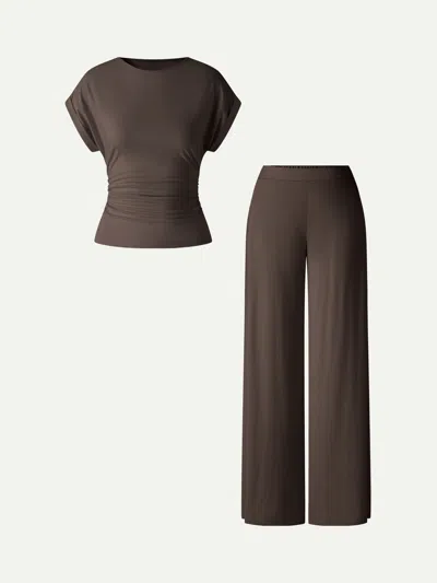 2pcs Set Round Neck Ruched Tee & Mid Rise Wide Leg Pants In Brown from OGLmove