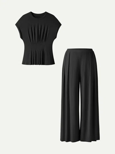 Oglmove 2pcs Set Round Neck Short Sleeve Tee & Wide Leg Pants With Pockets In Black