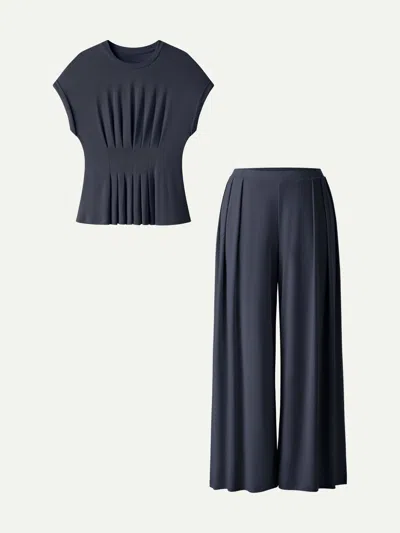 Oglmove 2pcs Set Round Neck Short Sleeve Tee & Wide Leg Pants With Pockets In Blue