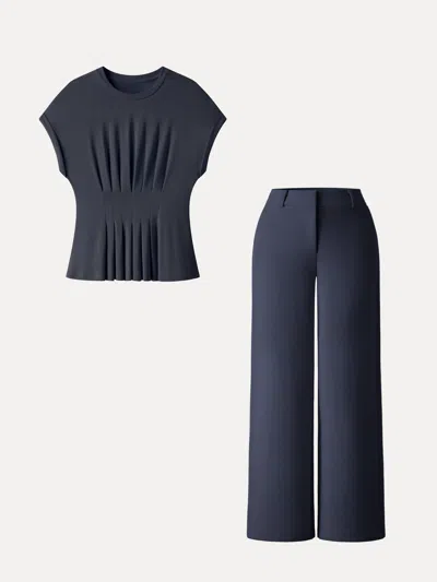 Oglmove 2pcs Set Round Neck Tee & Mid Rise Fly-front Wide Leg Trousers In Deep Navy/light Navy