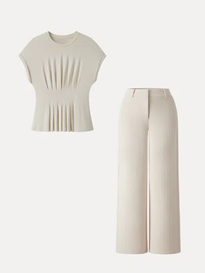 Oglmove 2pcs Set Round Neck Tee & Mid Rise Fly-front Wide Leg Trousers In Morning Mist