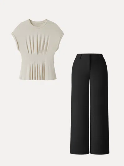 Oglmove 2pcs Set Round Neck Tee & Mid Rise Fly-front Wide Leg Trousers In Morning Mist/black