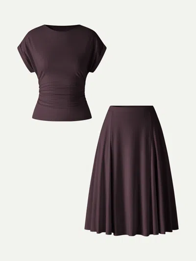 Oglmove 2pcs Set Round Neck Tee & Midi Skirt With Pockets