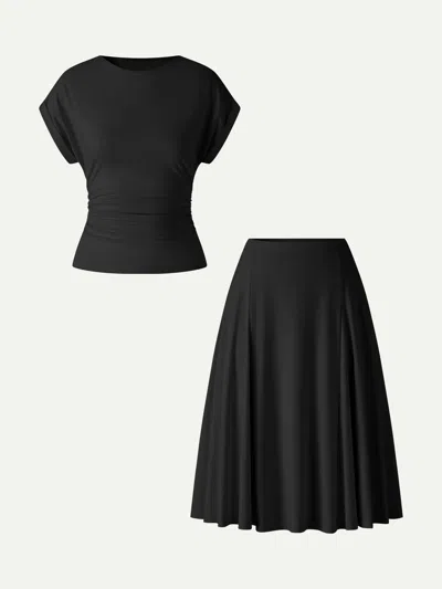 Oglmove 2pcs Set Round Neck Tee & Midi Skirt With Pockets In Black