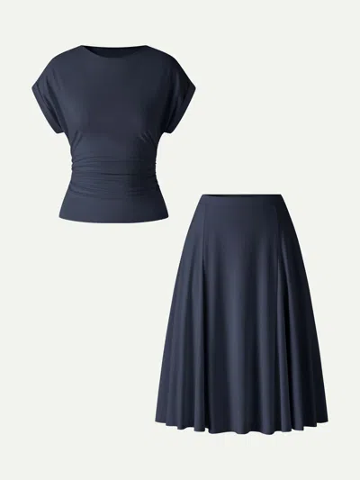 Oglmove 2pcs Set Round Neck Tee & Midi Skirt With Pockets In Blue