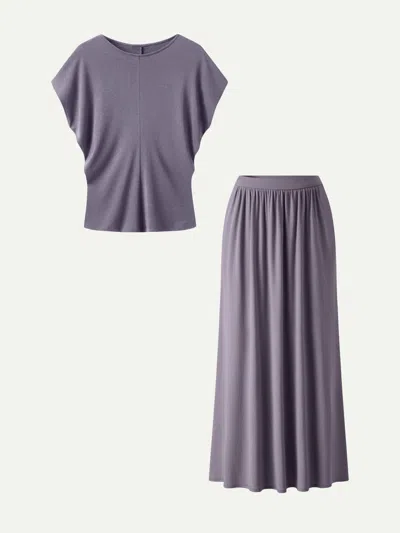 Oglmove 2pcs Set Round Neck Top & A-line Maxi Skirt In Blue Lilac