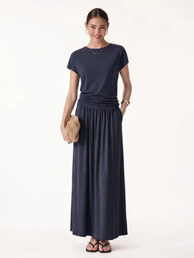 Oglmove 2pcs Set Round Neck Top & A-line Maxi Skirt In Smoky Navy