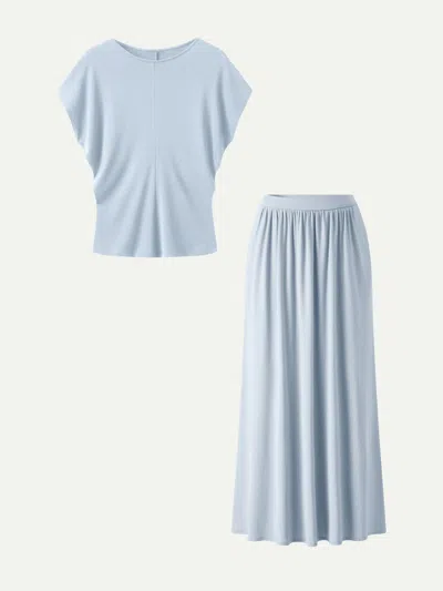 Oglmove 2pcs Set Round Neck Top & A-line Maxi Skirt With Pockets In Blue