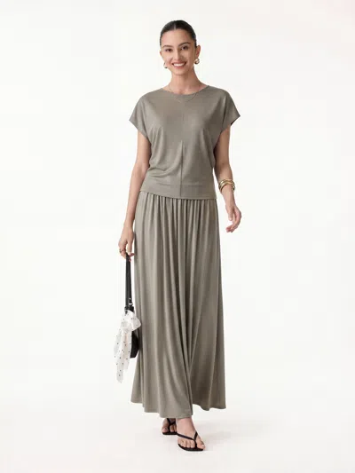 Oglmove 2pcs Set Round Neck Top & A-line Maxi Skirt With Pockets In Gray