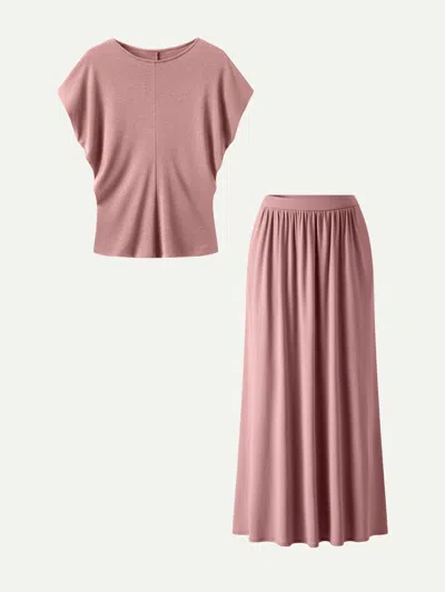Oglmove 2pcs Set Round Neck Top & A-line Maxi Skirt With Pockets In Pink