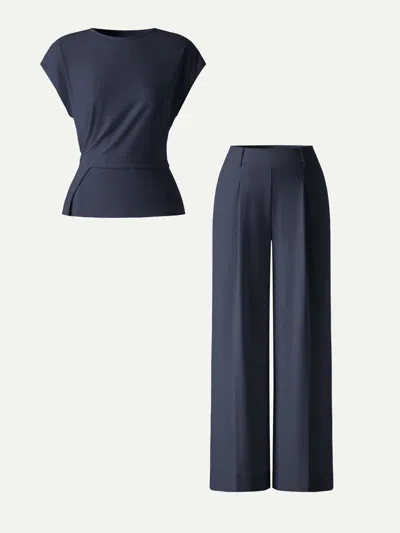 Oglmove 2pcs Set Round Neck Tucked Top & Wide Leg The Success Pants In Blue