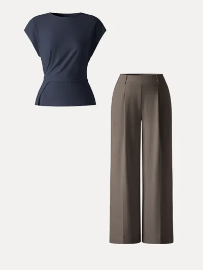 Oglmove 2pcs Set Round Neck Tucked Top & Wide Leg The Success Pants In Midnight Navy/dark Truffle