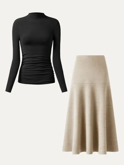 Oglmove 2pcs Set Ruched Sides Tuckable Mockneck Top & Flared Maxi Skirt