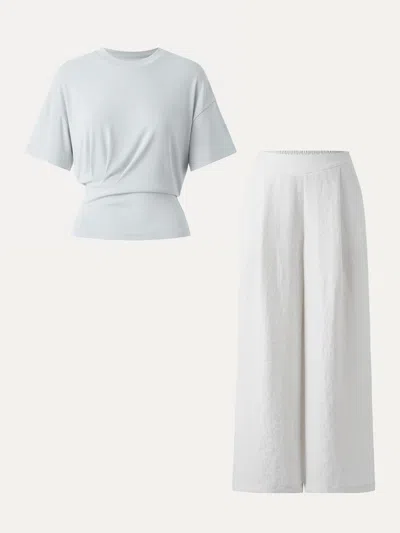 Oglmove 2pcs Set Sandwashed Crewneck Short Sleeve Tee & Linen Mid Rise Wide Leg Pant With Pockets