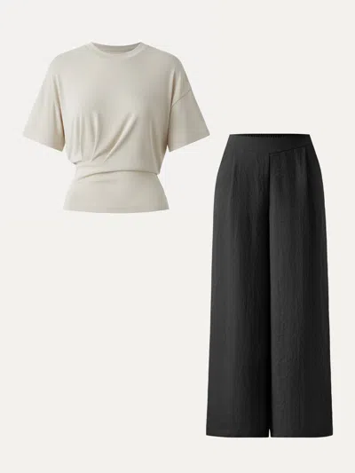 Oglmove 2pcs Set Sandwashed Crewneck Short Sleeve Tee & Linen Mid Rise Wide Leg Pant With Pockets