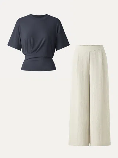 Oglmove 2pcs Set Sandwashed Crewneck Short Sleeve Tee & Linen Mid Rise Wide Leg Pant With Pockets