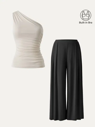 Oglmove 2pcs Set Sandwashed Ruched Bra Tank & Mid Rise Wide Leg Palazzo Pants With Pockets