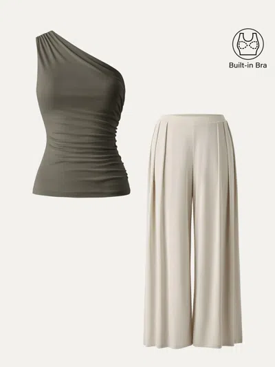 Oglmove 2pcs Set Sandwashed Ruched Bra Tank & Mid Rise Wide Leg Palazzo Pants With Pockets