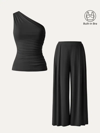 Oglmove 2pcs Set Sandwashed Ruched Bra Tank & Mid Rise Wide Leg Palazzo Pants With Pockets In Black