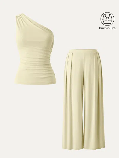 Oglmove 2pcs Set Sandwashed Ruched Bra Tank & Mid Rise Wide Leg Palazzo Pants With Pockets In Yellow