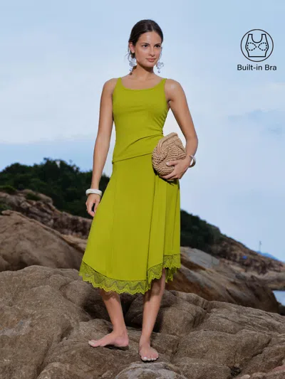Oglmove 2pcs Set Scoop Neck Bra Top & Lace Trim Midi Circle Flare Skirt In Green