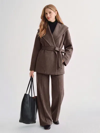 Oglmove 2pcs Set Shawl Collar Belted Jacket & High Waisted Straigh Leg Pull On Pant In Brown