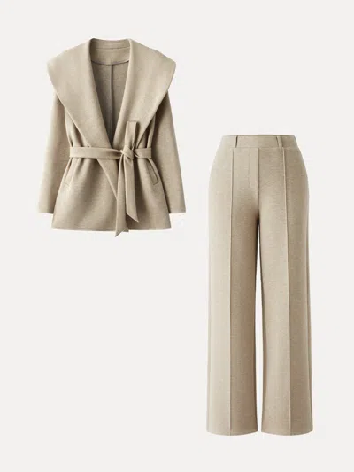Oglmove 2pcs Set Shawl Collar Belted Jacket & High Waisted Straigh Leg Pull On Pant In Neutral