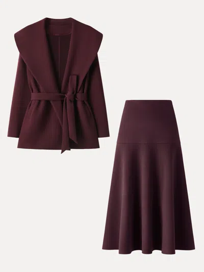 Oglmove 2pcs Set Shawl Collar Belted Jacket & Mid-rise Circle Midi Skirt In Brown