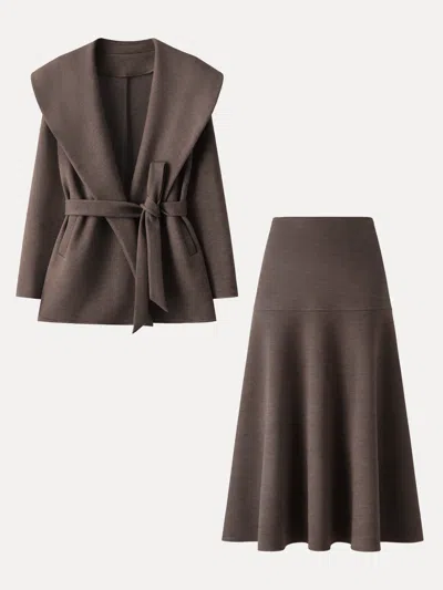 Oglmove 2pcs Set Shawl Collar Belted Jacket & Mid-rise Circle Midi Skirt In Brown