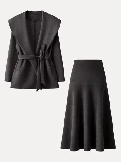 Oglmove 2pcs Set Shawl Collar Belted Jacket & Mid-rise Circle Midi Skirt In Heather Shadow Grey