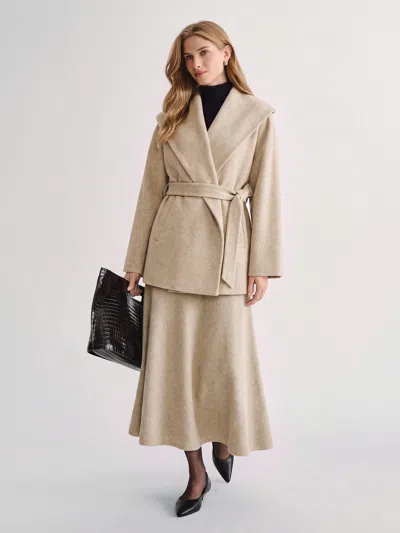 Oglmove 2pcs Set Shawl Collar Belted Jacket & Mid-rise Circle Midi Skirt In Neutral
